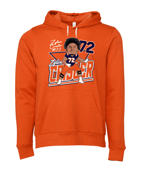 A man in an orange hoodie with the number 7 2 on it.