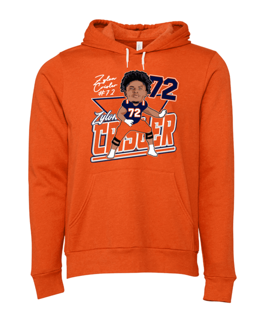 A man in an orange hoodie with the number 7 2 on it.